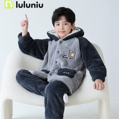 男童法兰绒加厚中长款家居服套装