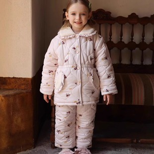 女童特厚三层夹棉保暖防风棉衣可外穿印花套装加厚儿童睡衣女孩冬