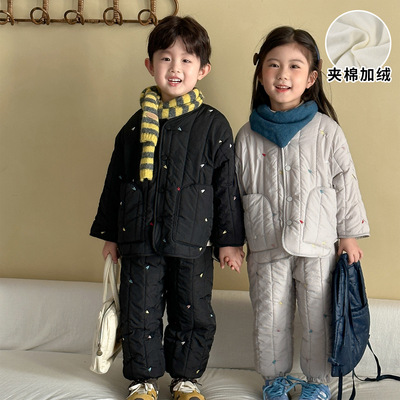冬季夹棉套装家居服男童加绒保暖