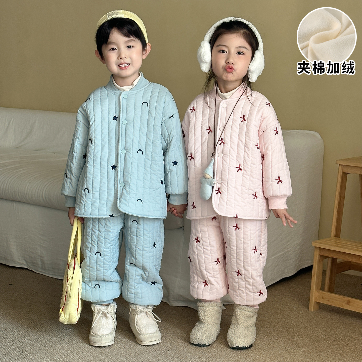 男童加厚加绒三层夹棉套装