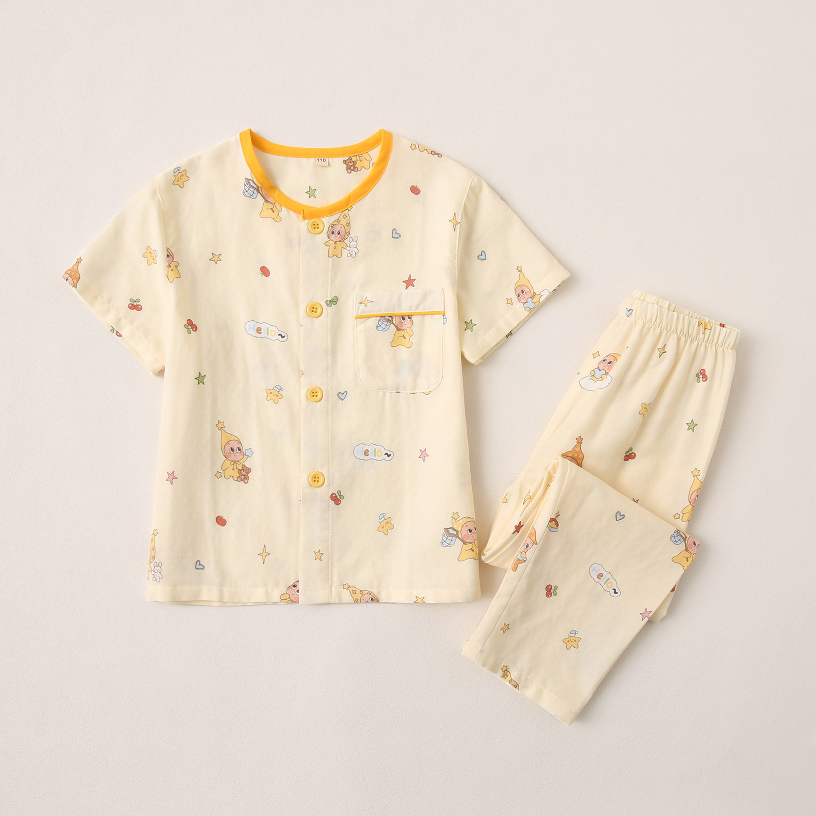 夏天宝宝儿童全棉薄款纱布空调房家居服套装女童男童短袖圆领睡衣