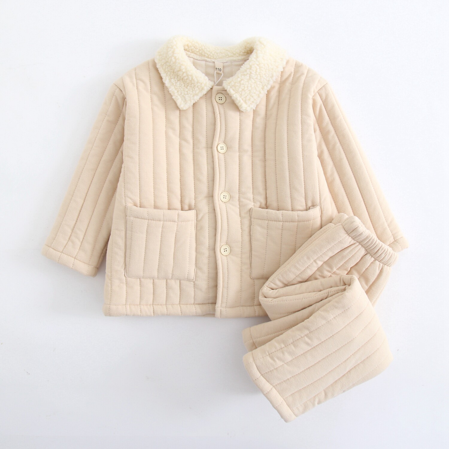 日系冬纯色男童女童宝宝加厚纯棉保暖三层夹棉家居服套装儿童睡衣