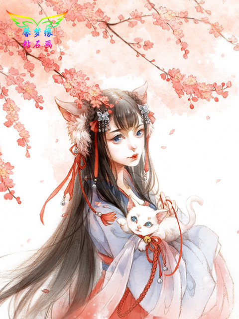 diy钻石画古风动漫白色猫妖魔方圆钻方钻满钻贴钻画十字绣钻石绣