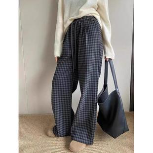 子宽松长裤 直筒阔腿裤 女冬季 百搭松紧高腰格纹加绒毛呢休闲裤