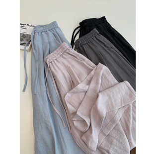 宽松百搭阔腿裤 宅家日常 松紧高腰休闲直筒裤 女夏季 棉麻阔腿裤