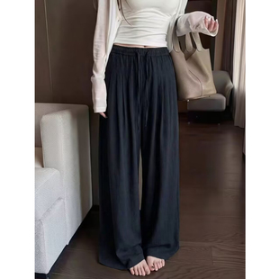 气质百搭宽松休闲松紧腰廓形裤 子 女2026春夏新款 松弛感藏青阔腿裤