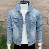 潮牌外套男韩版 夹克精神小伙牛仔衣 春秋潮流破洞复古字母刺绣男士