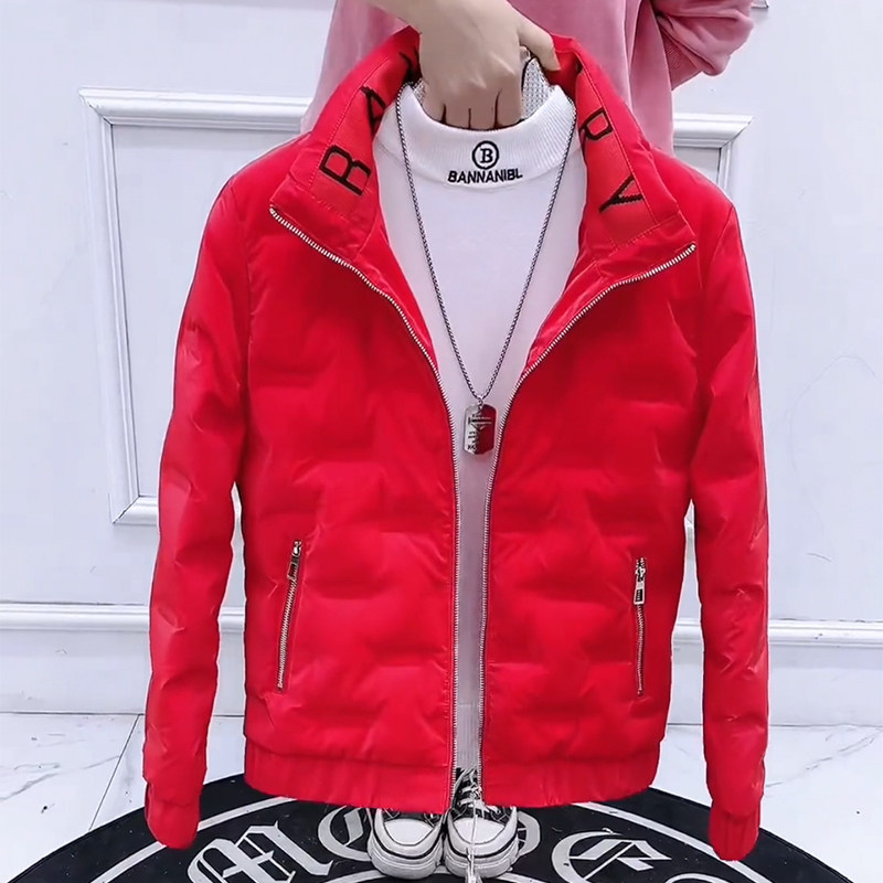 羽绒服男冬季韩版轻薄字母拼色潮流男士棉衣立领网红社会小伙外套