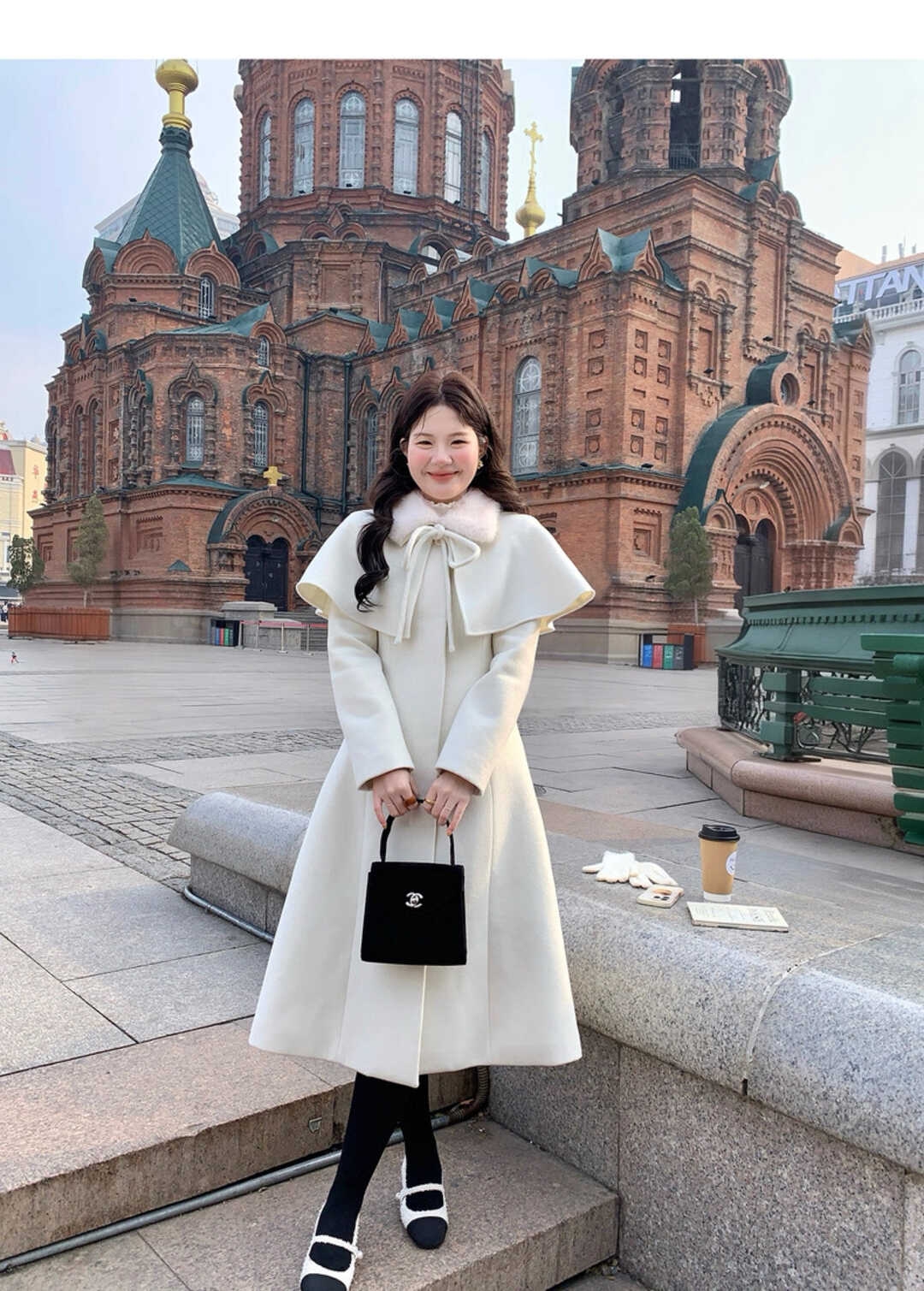 RS韩版羊羔毛翻领千金斗篷长款大衣加厚保暖羽绒服外套(配斗篷)