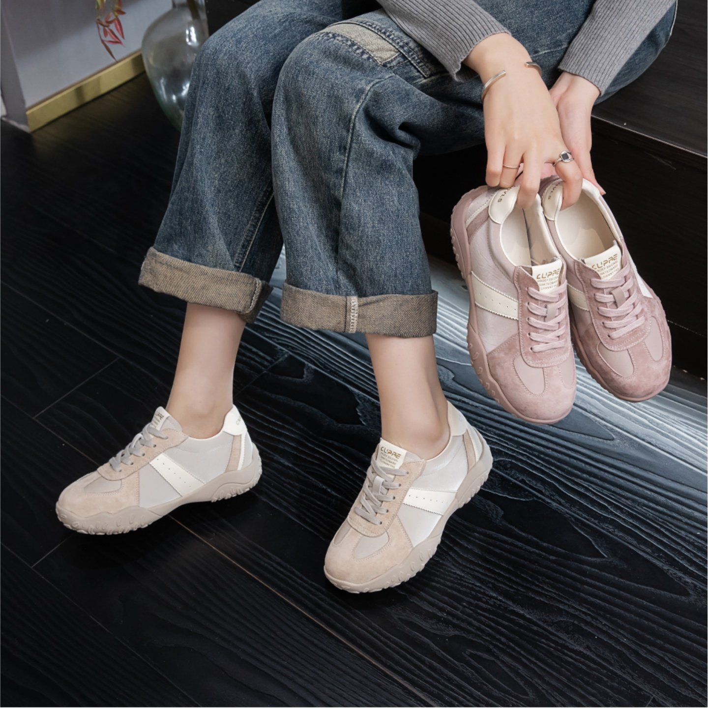 百丽夏真皮韩版德训鞋女2026新款复古拼色时尚系带休闲鞋百搭软底,女鞋,时尚休闲鞋,淘宝优惠券,粉丝福利购,淘宝优惠卷