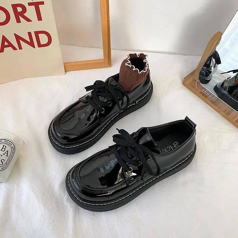 系带JK制服学生平底圆头小皮鞋女2024新款英伦学院风日系大头单鞋