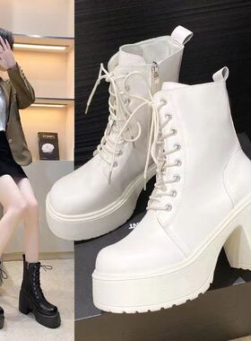 圆头粗跟系带马丁靴女高跟防水台厚底短靴小个子复古白色软皮靴子