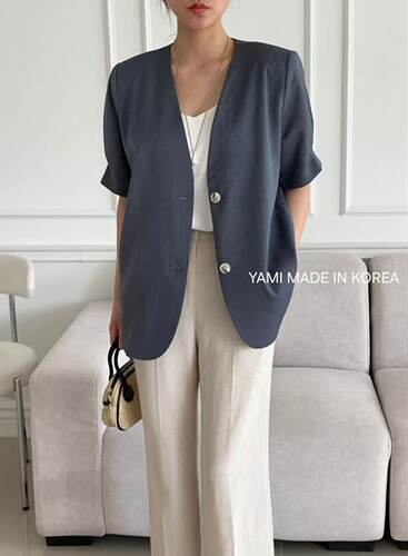 韩国东大门2026新款YAMI简约西装翻领短袖2粒扣西服外套女
