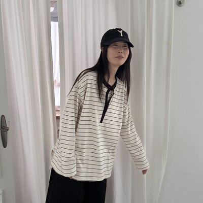 韩国东大门代购2026秋季新款COLLECTED条纹宽松半系扣长袖T恤