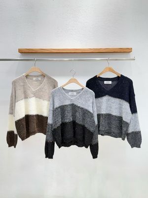 韩国东大门2025秋季新品INTRO时尚百搭V领粗条拼色针织衫毛衣上衣