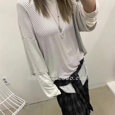 韩国东大门2025秋季新品hertz-p个性时尚百搭拼接长袖条纹上衣