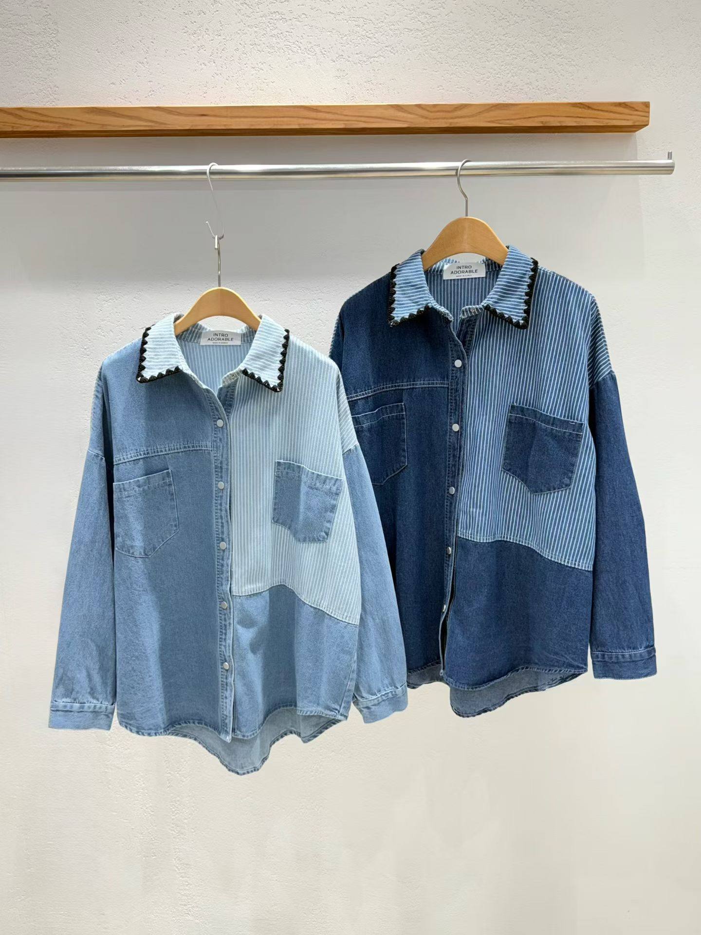 韩国东大门2025秋季新品INTRO时尚拼色翻领系带牛仔长袖衬衫上衣