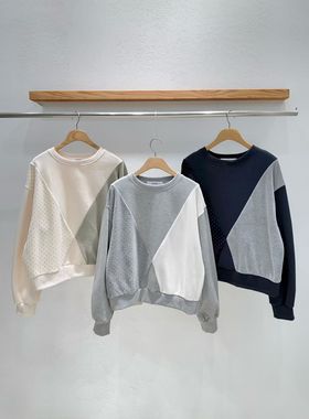 韩国东大门2026春新品INTRO时尚百搭圆领宽松拼色加绒卫衣