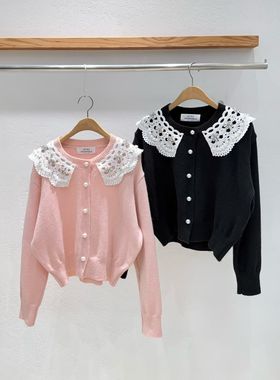 韩国东大门2026春新品INTRO时尚拼色蕾丝翻领长袖针织开衫女