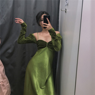 LACEMADE 芳同学自制 包邮 新品 绿丝绒吊带连衣裙 2018秋季