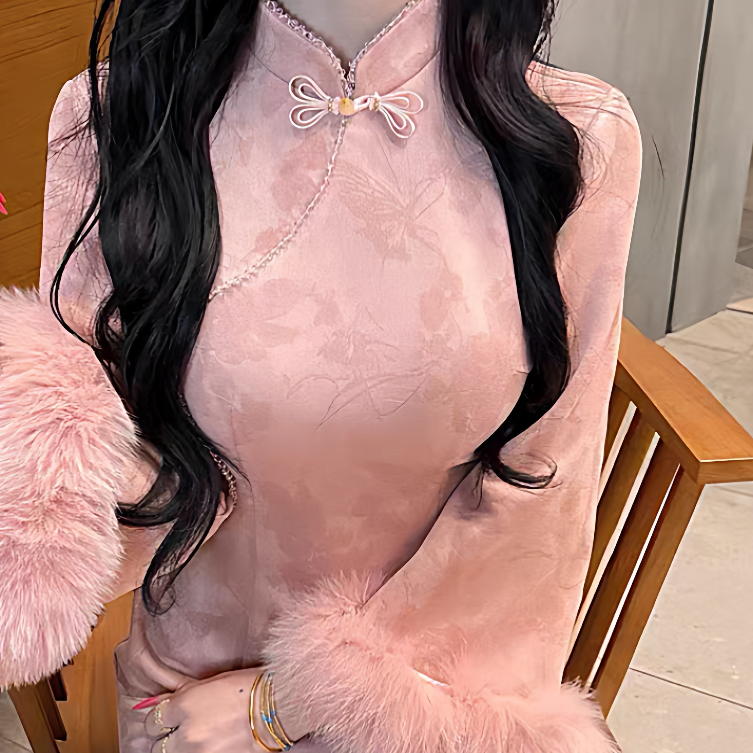 芳同学自制#新中式国风粉色温柔麂皮绒改良旗袍秋冬加绒加厚裙