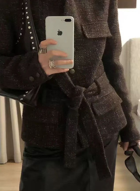 小香粗花呢肌理感腰带低腰位外套