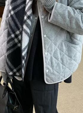 董洁同款格雷灰色系羊毛呢外层灰色华夫格白鹅绒羽绒服外套