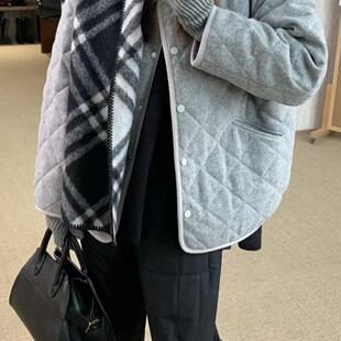 董洁同款格雷灰色系羊毛呢外层灰色华夫格白鹅绒羽绒服外套