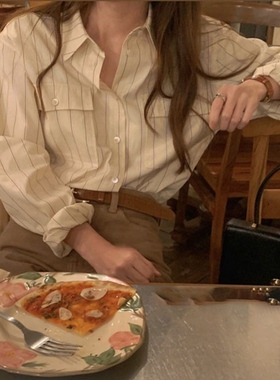 lerobe美娜 百搭纯棉盐系奶油巧克力条纹撞色宽松全棉衬衫