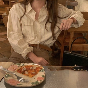 lerobe美娜 百搭纯棉盐系奶油巧克力条纹撞色宽松全棉衬衫