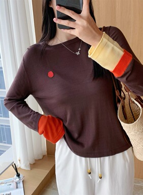 SELF胸口笑脸贴片撞色袖天丝绵羊毛圆领长袖针织衫 多色