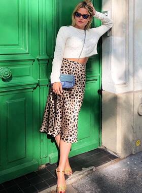 小众品牌ins红款 豹纹印花缎面真丝显瘦高腰鱼尾半身A字裙