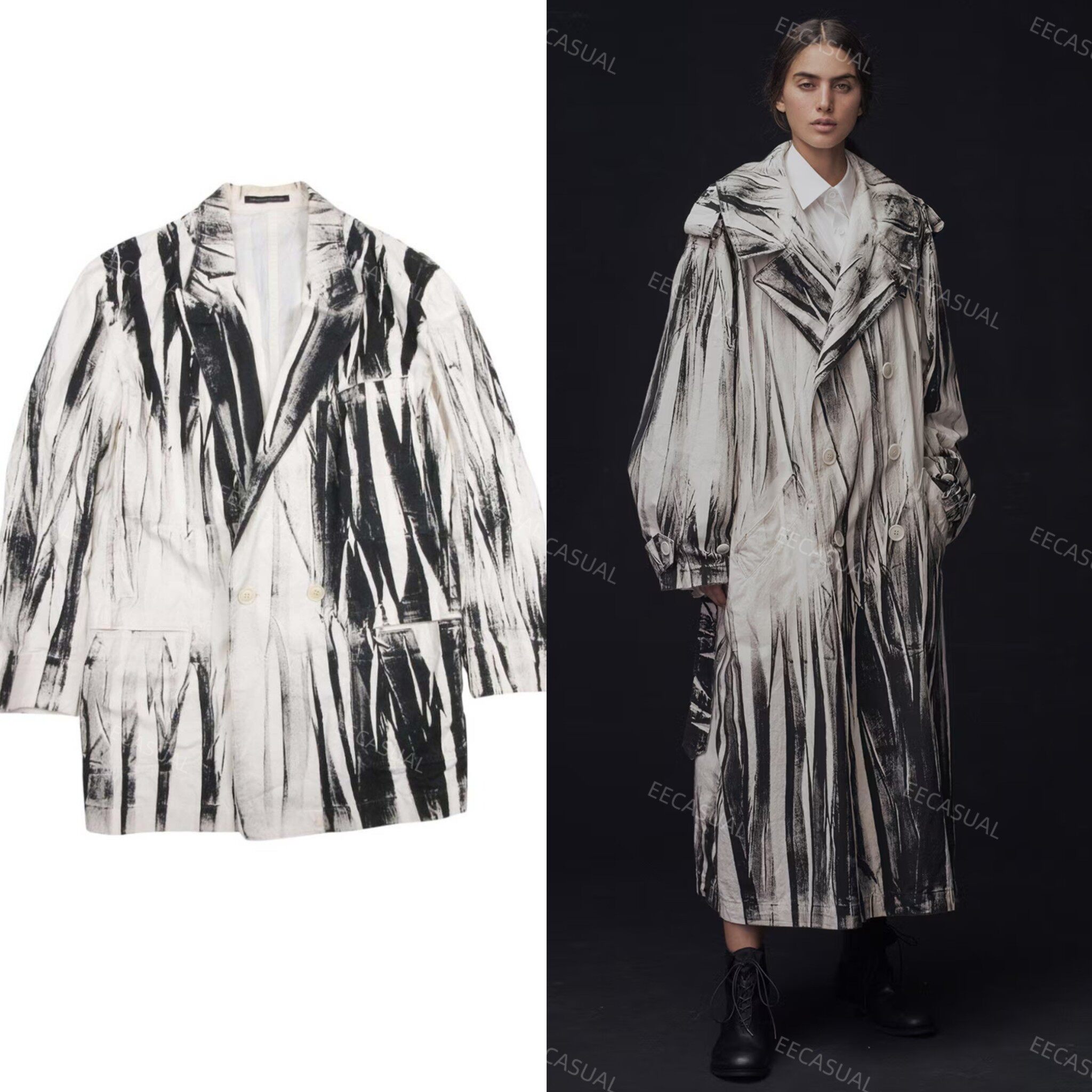山本耀司Yohji ys 黑白染色花纹双排扣长款大衣 20AW
