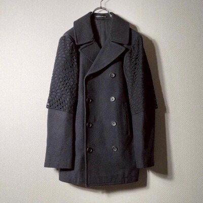 山本耀司yohji ys 黑色 双排扣 呢子大衣 外套 蕾丝袖 日本制