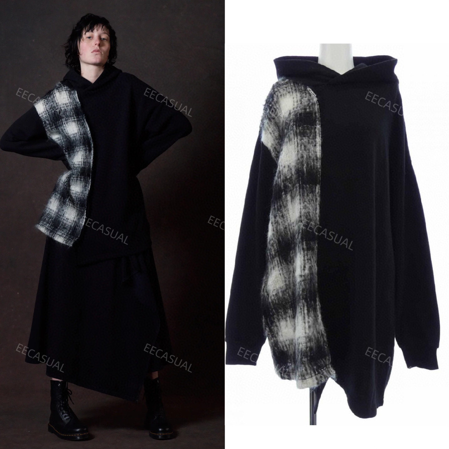 山本耀司 ys 黑白格纹接拼连帽长款帽衫外套