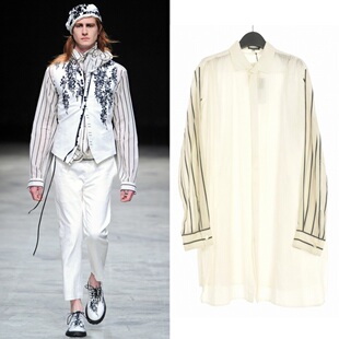 新品 ANN DEMEULEMEESTER 秀款 白色条纹接拼袖长款衬衫 14SS