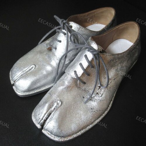 新品 Maison Margiela银色爆裂纹分趾tabi鞋皮鞋 35