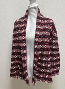 45r 红色格纹花朵 100羊毛 毛衣 开衫 针织衫