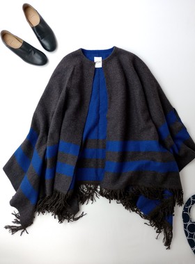 新品 45R 蓝色100羊毛 针织 流苏 披肩 斗篷 外套