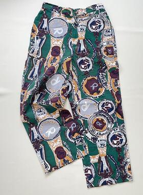 日本中古代购不退换 45R 亚麻棉绿色印花长裤 宽松直筒裤