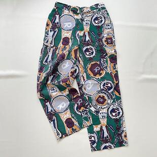 日本中古代购不退换 45R 亚麻棉绿色印花长裤 宽松直筒裤