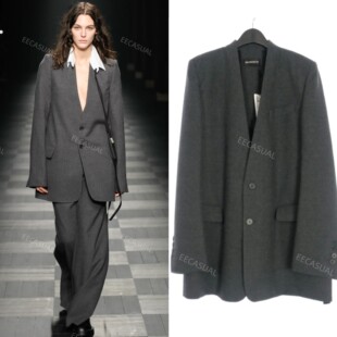 新品 ANN DEMEULEMEESTER 22AW 灰色100羊毛无领西装外套