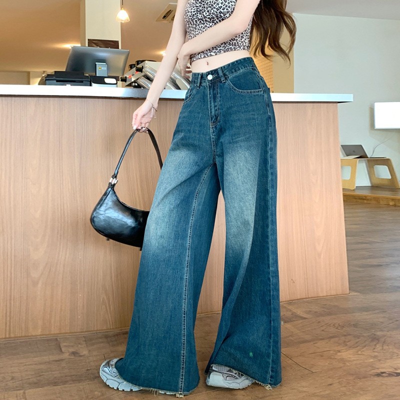 版型特别好的阔腿长裤宽松牛仔裤女2026夏季大码高腰直筒毛边裤子