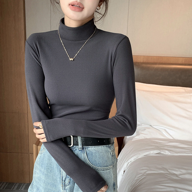宽条纹纯色半高领针织衫女款2026春秋新款内搭上衣百搭修身毛衣