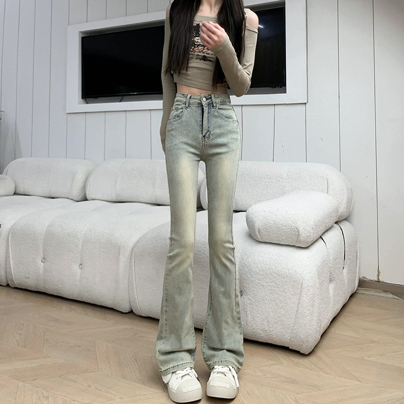 薄款牛仔裤女款夏季修身美式浅色马蹄裤子高腰弹力直筒微喇叭长裤