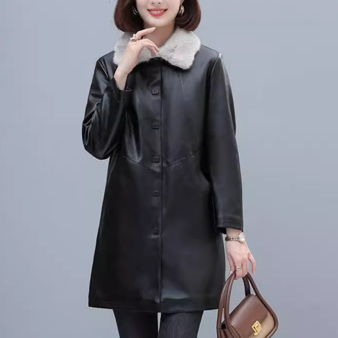 加厚保暖翻领毛领时尚宽松PU皮衣外套女中长款秋冬新款高级感夹克