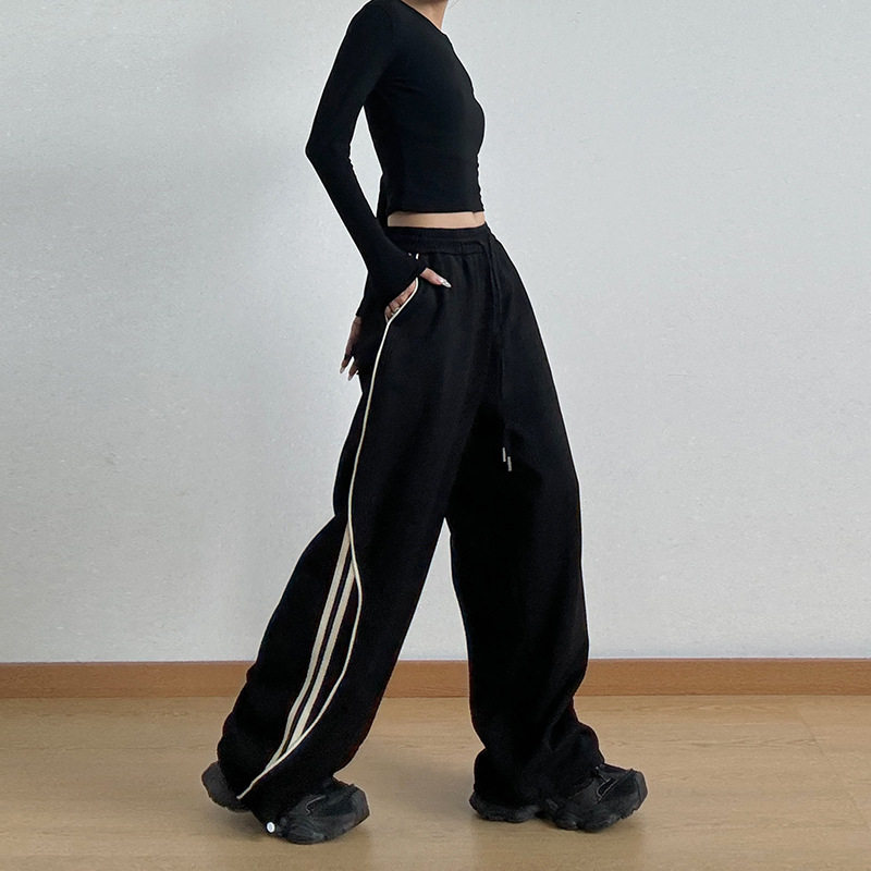 炸街漂亮欧美条纹抽绳阔腿休闲裤子女2026秋季新款显瘦直筒运动裤