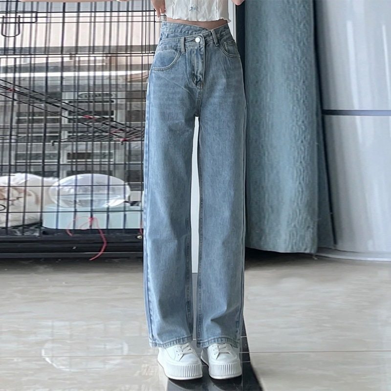 不规则直筒牛仔裤女款2025秋冬百搭高腰斜扣大码显瘦垂感阔腿裤子