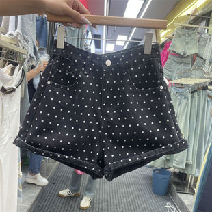 波点碎花设计牛仔短裤女夏季大码百搭高腰直筒a字黑色阔腿热裤子
