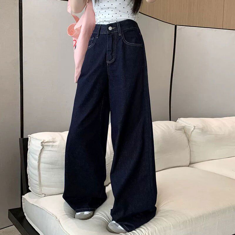 巨好看垂感深蓝色高腰牛仔长裤女款秋装慵懒新款宽松梨形阔腿裤子